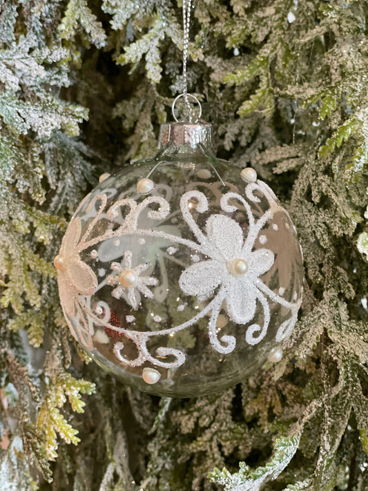 Clear Glass with White Glitter Flowers