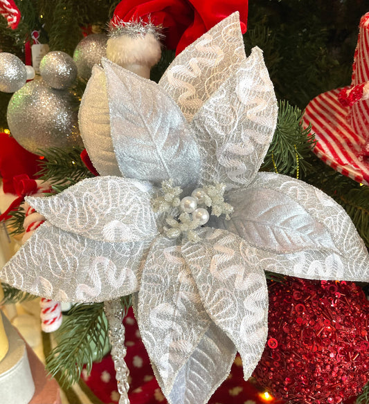 Silver & White Poinsettia Clip