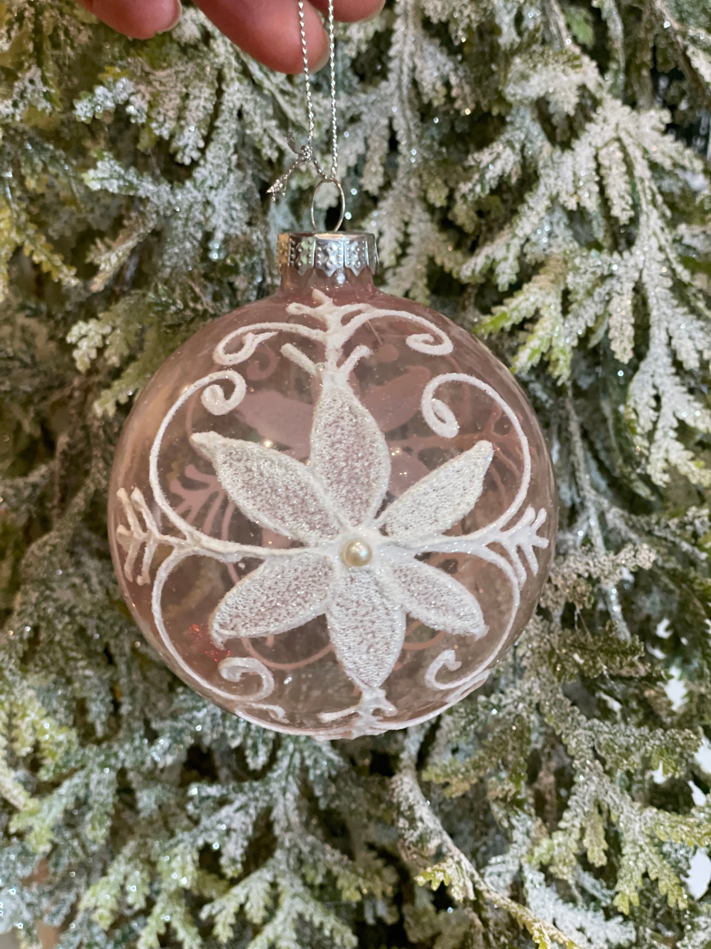 Pale Pink Glass with White Glitter Flower