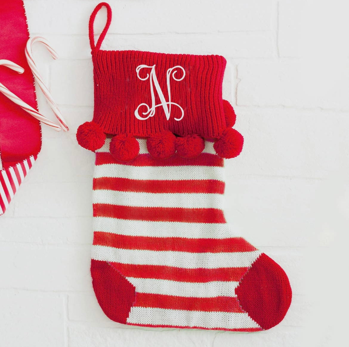 Red & White Striped Pom Pom Stocking