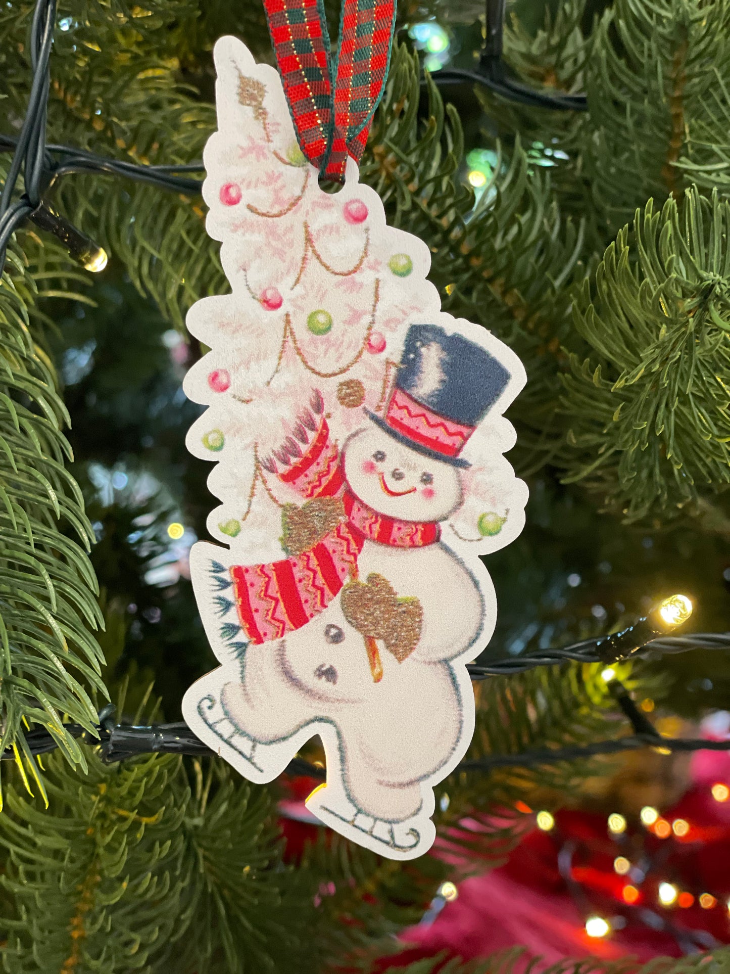 Vintage Snowman & Tree Wooden Ornament