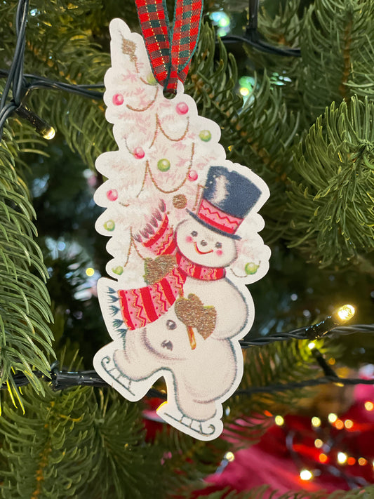 Vintage Snowman & Tree Wooden Ornament