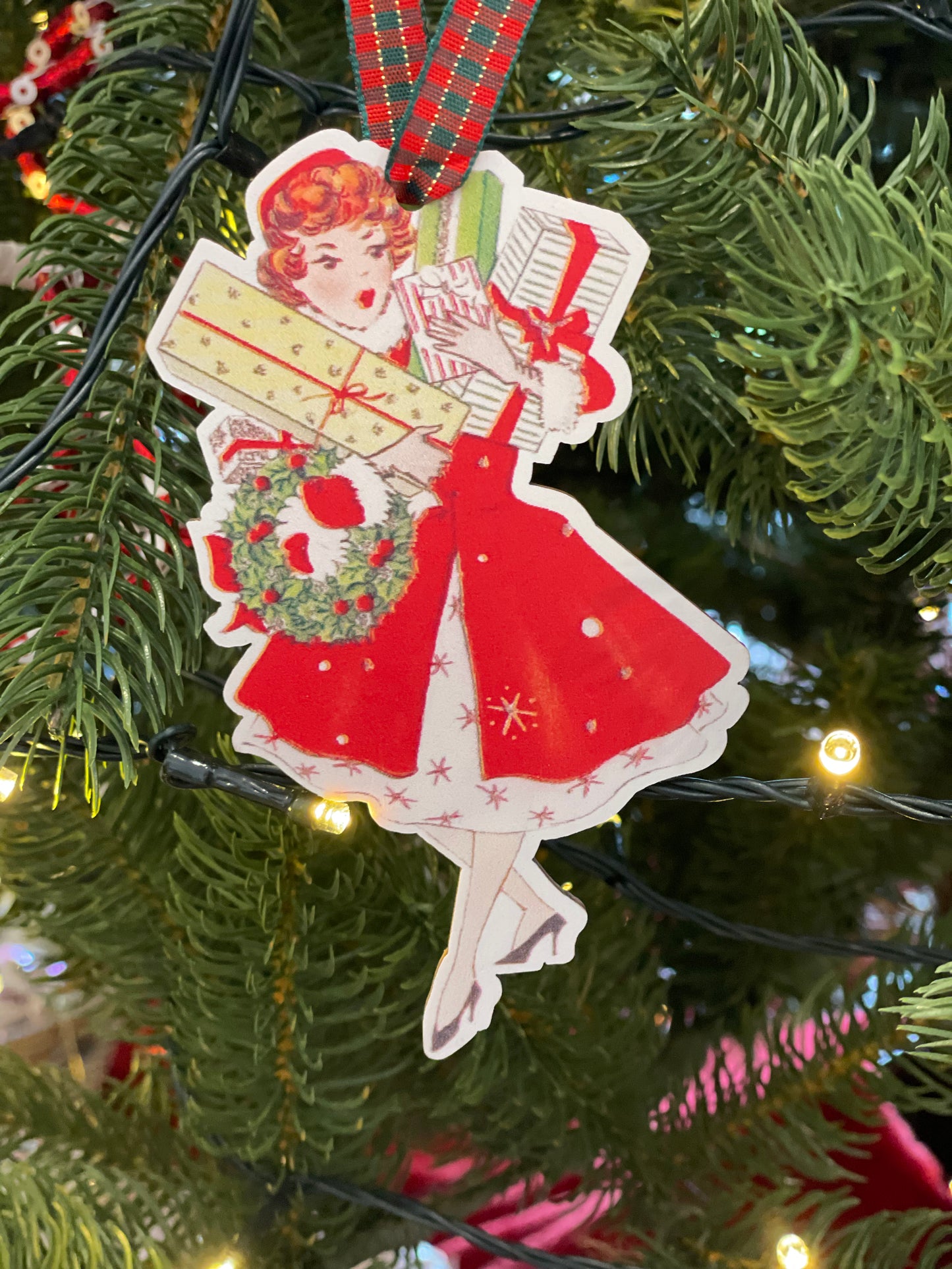 Vintage Lady with Gifts Wooden Ornament